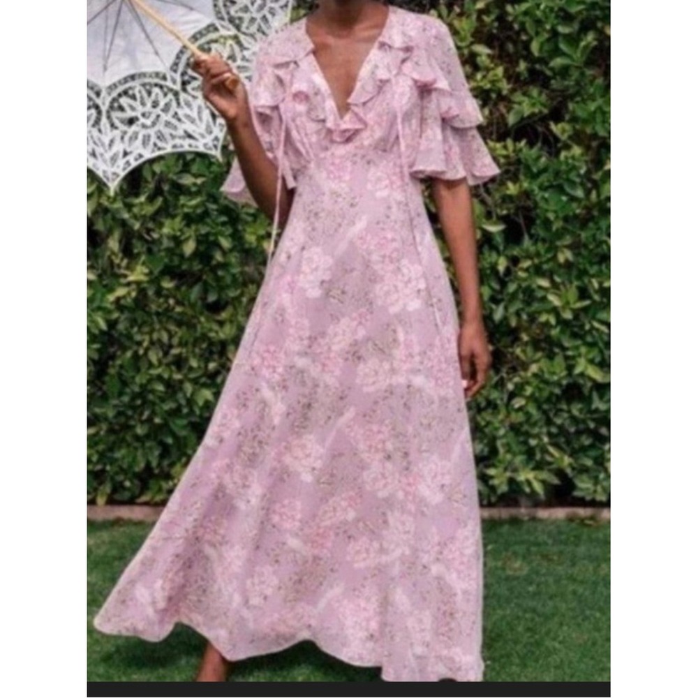 Gal Meets Glam Womens Shelby Maxi Dress 6 Ruffle Chiffon Floral Romantic Dainty